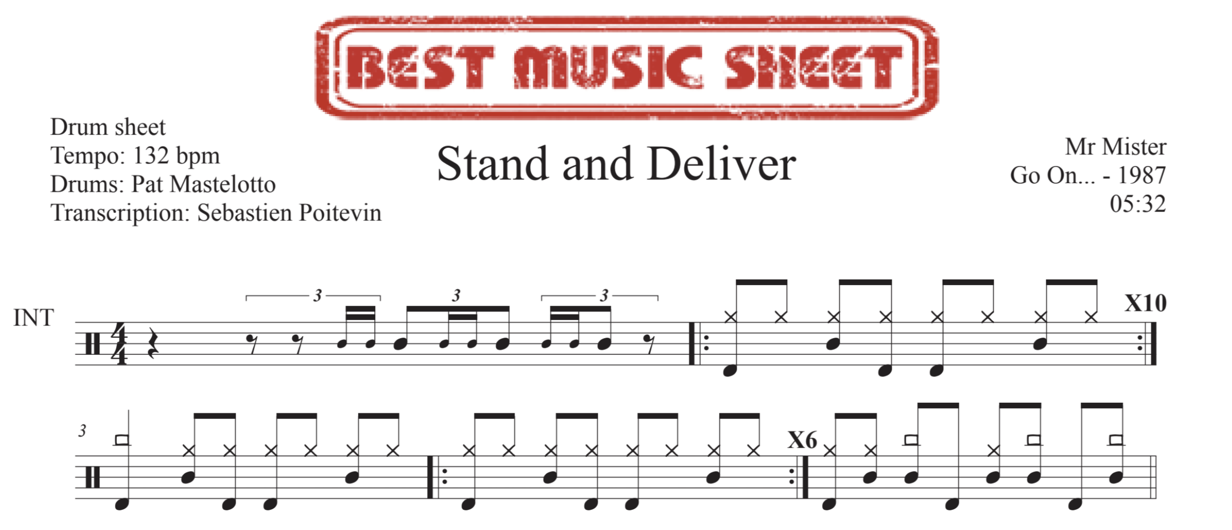 Sample drum sheet of Stand and Deliver by Mr. Mister