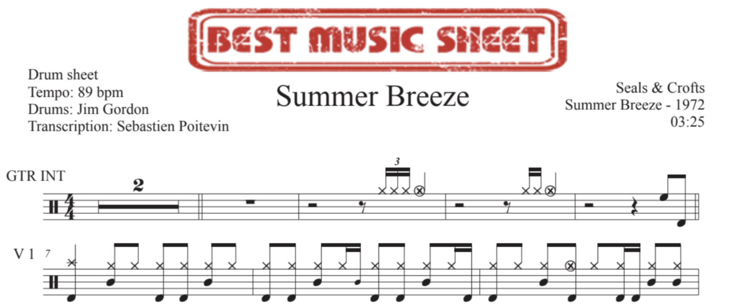 Sample drum sheet of Summer Breeze by Seals and Crofts