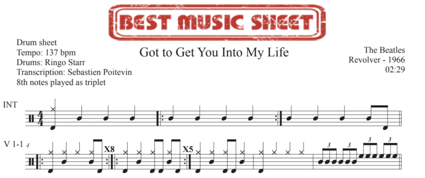 Sample drum sheet of Got to Get You into My Life by The Beatles