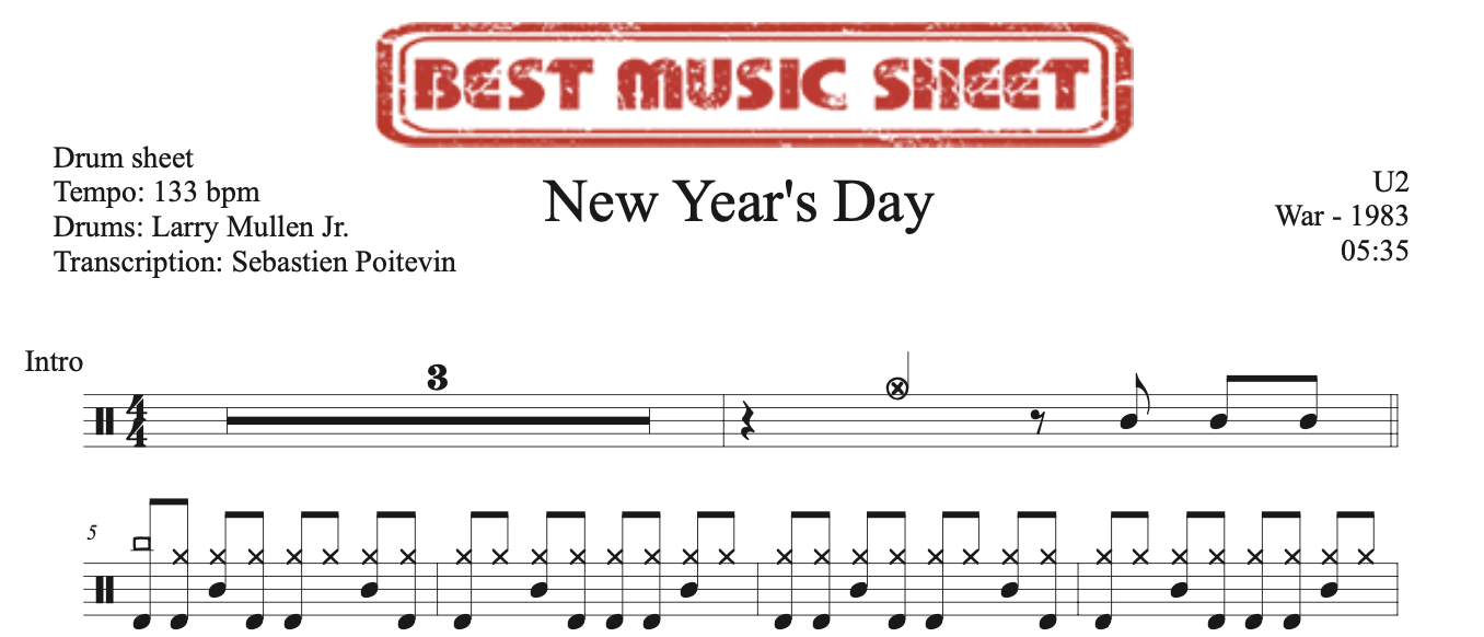 Sample drum sheet of New Year's Day by U2