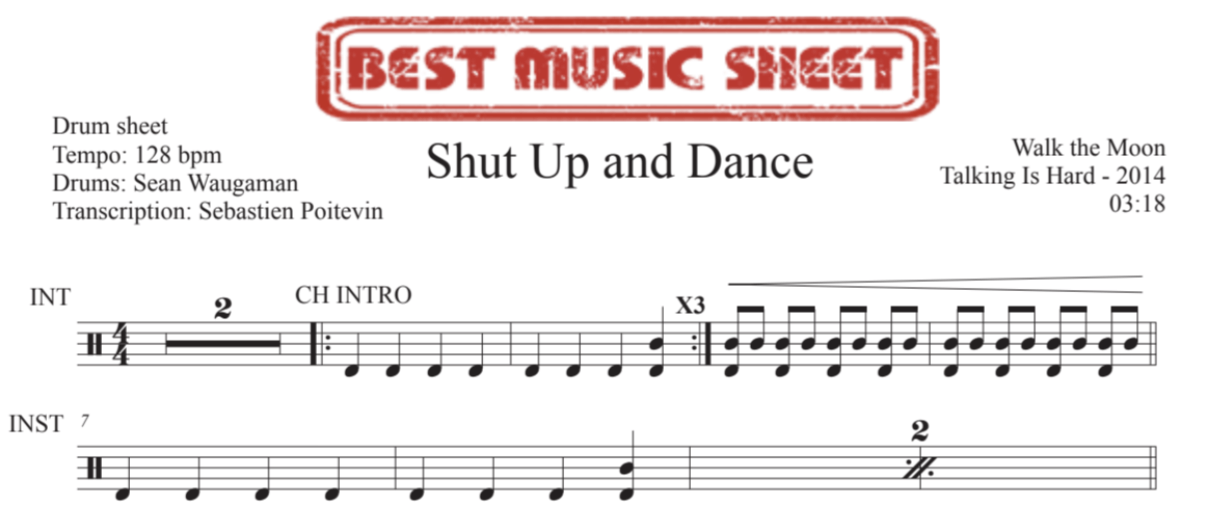 Sample drum sheet of Shut Up and Dance by Walk the Moon