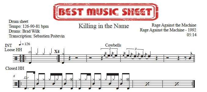 Sample drum sheet of Killing in the Name by Rage Against the Machine