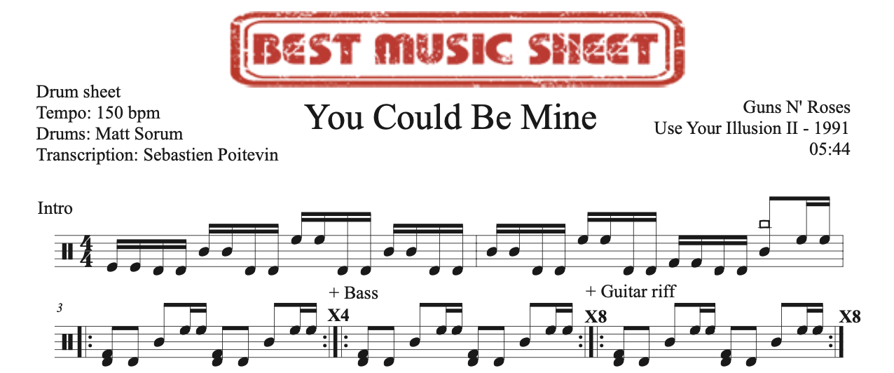 Sample drum sheet of You Could Be Mine by Guns N' Roses