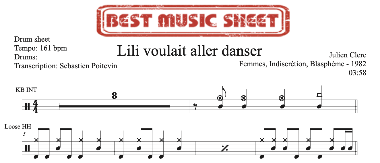 Sample drum sheet of Lili Voulait Aller Danser by Julien Clerc