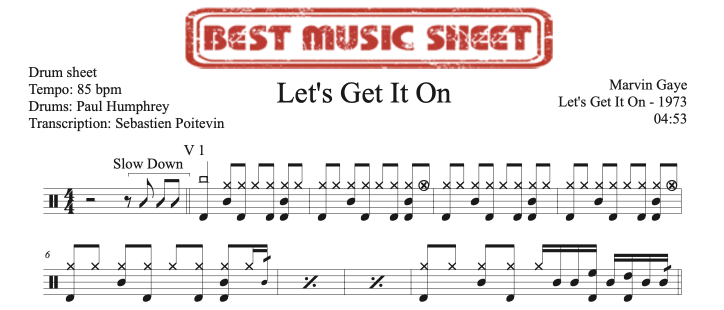 Sample drum sheet of Let's Get It On by Marvin Gaye