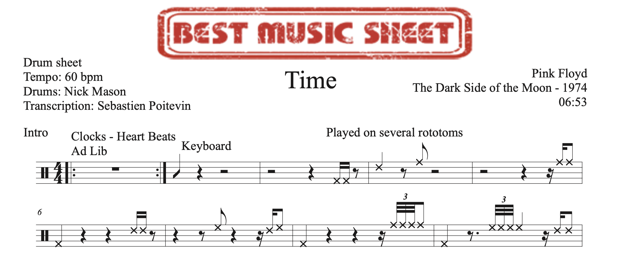 Sample drum sheet of Time by Pink Floyd