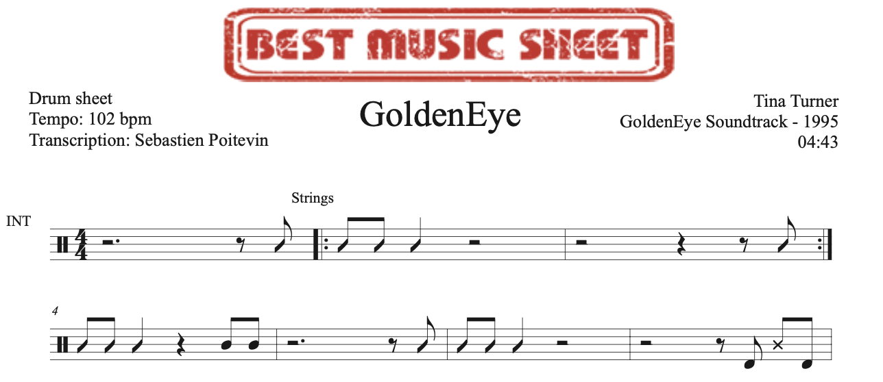 Sample drum sheet of GoldenEye by Tina Turner