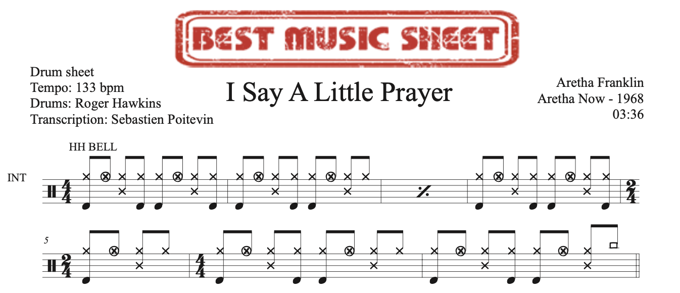 Sample drum sheet of I Say A Little Prayer by Aretha Franklin