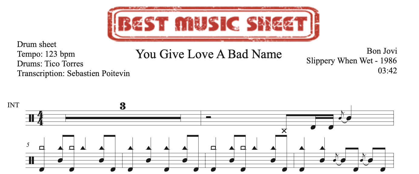 Extrait partition de batterie You Give Love A Bad Name de Bon Jovi