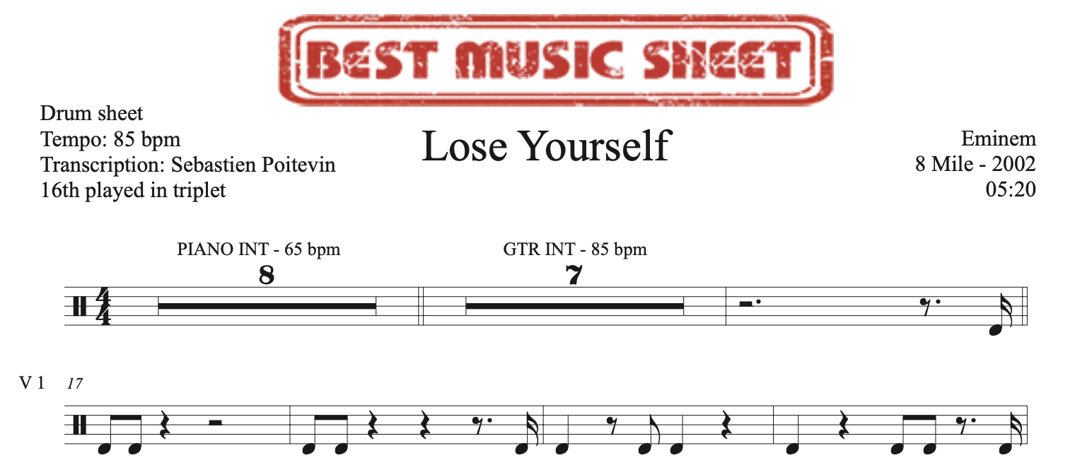 Extrait partition de batterie Lose Yourself de Eminem