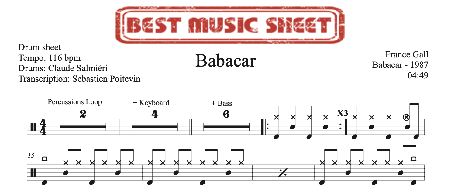 Sample drum sheet of Babacar by France Gall