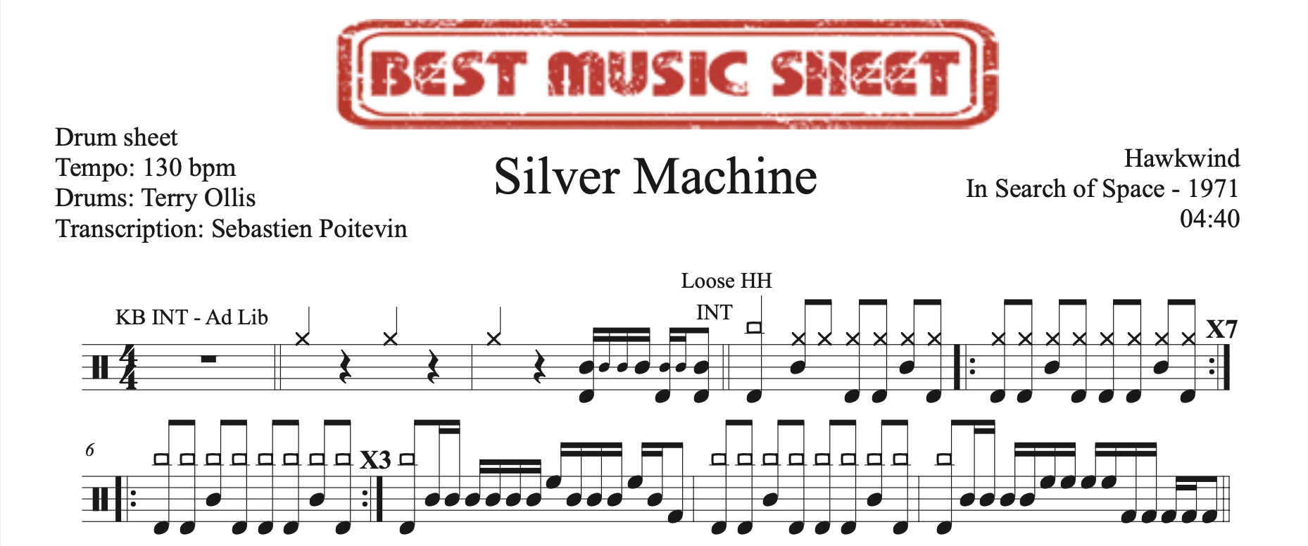 Sample drum sheet of Silver Machine by Hawkwind