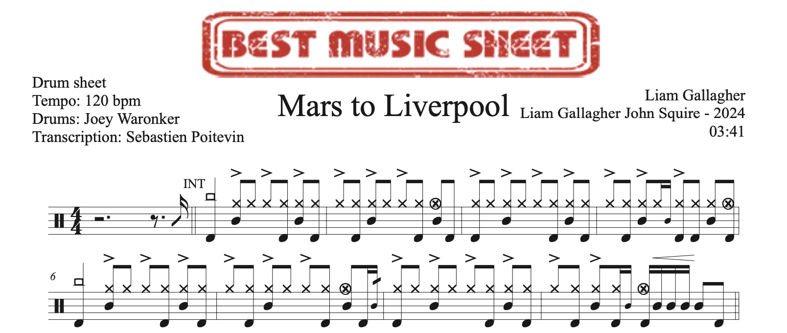 Sample drum sheet of Mars to Liverpool by Liam Gallagher