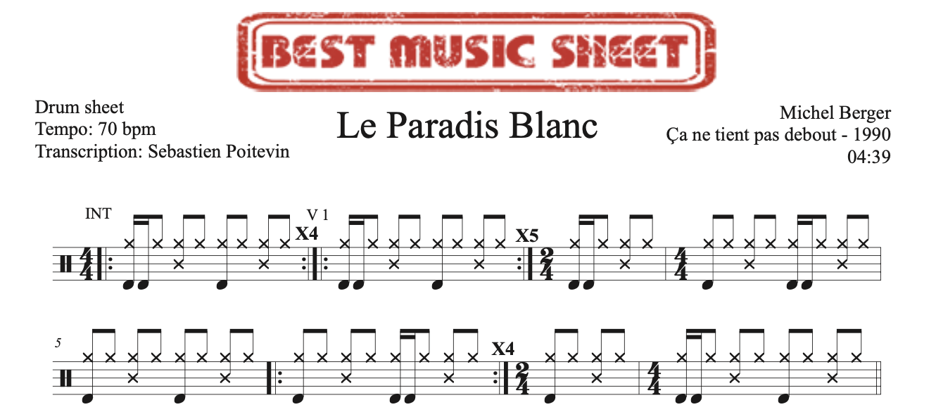 Sample drum sheet of Le Paradis Blanc by Michel Berger