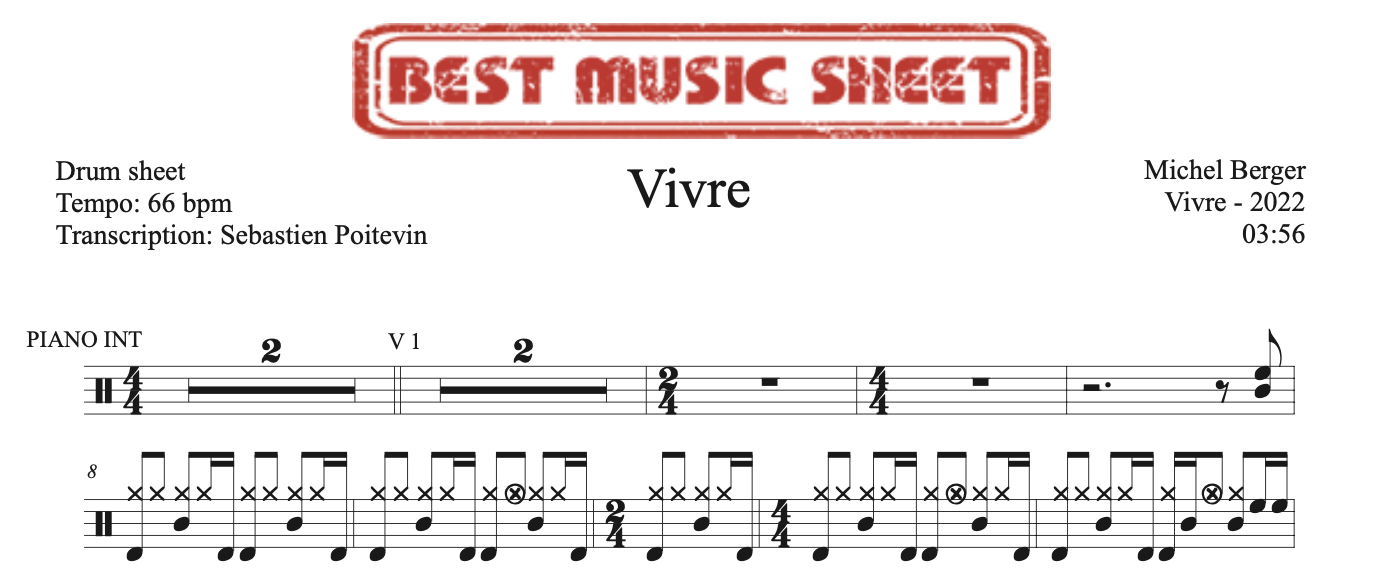 Sample drum sheet of Vivre by Michel Berger