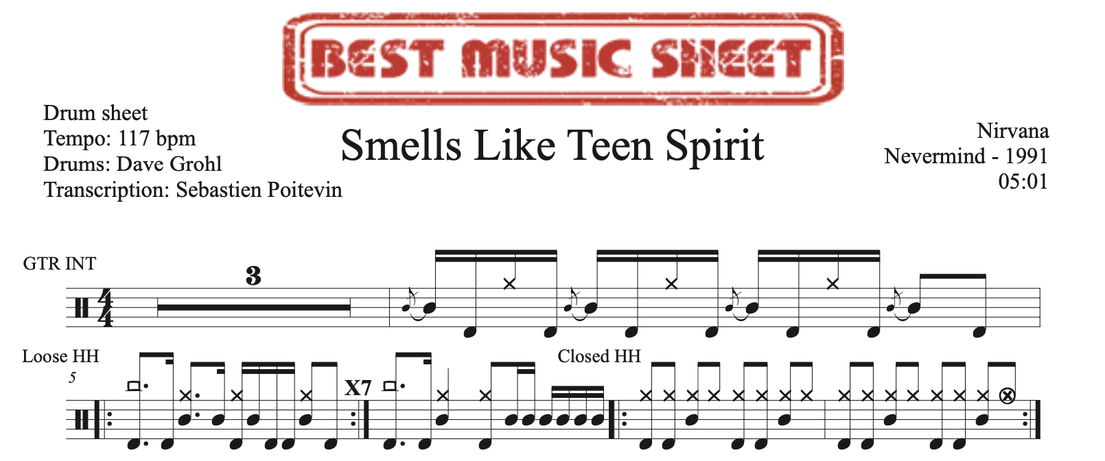 Sample drum sheet of Smells Like Teen Spirit by Nirvana