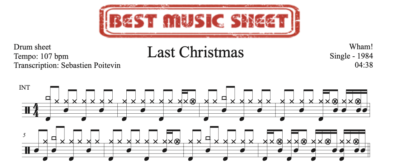 Sample drum sheet of Last Christmas by Wham!