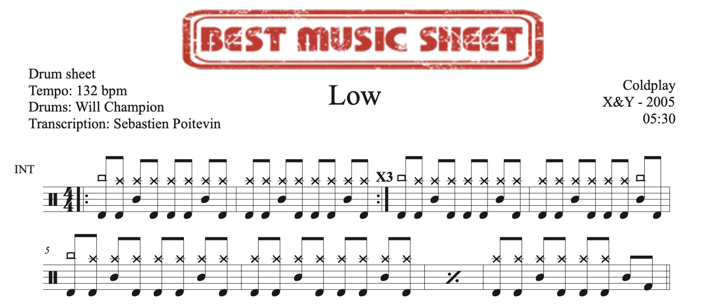 Sample drum sheet of Low by Coldplay