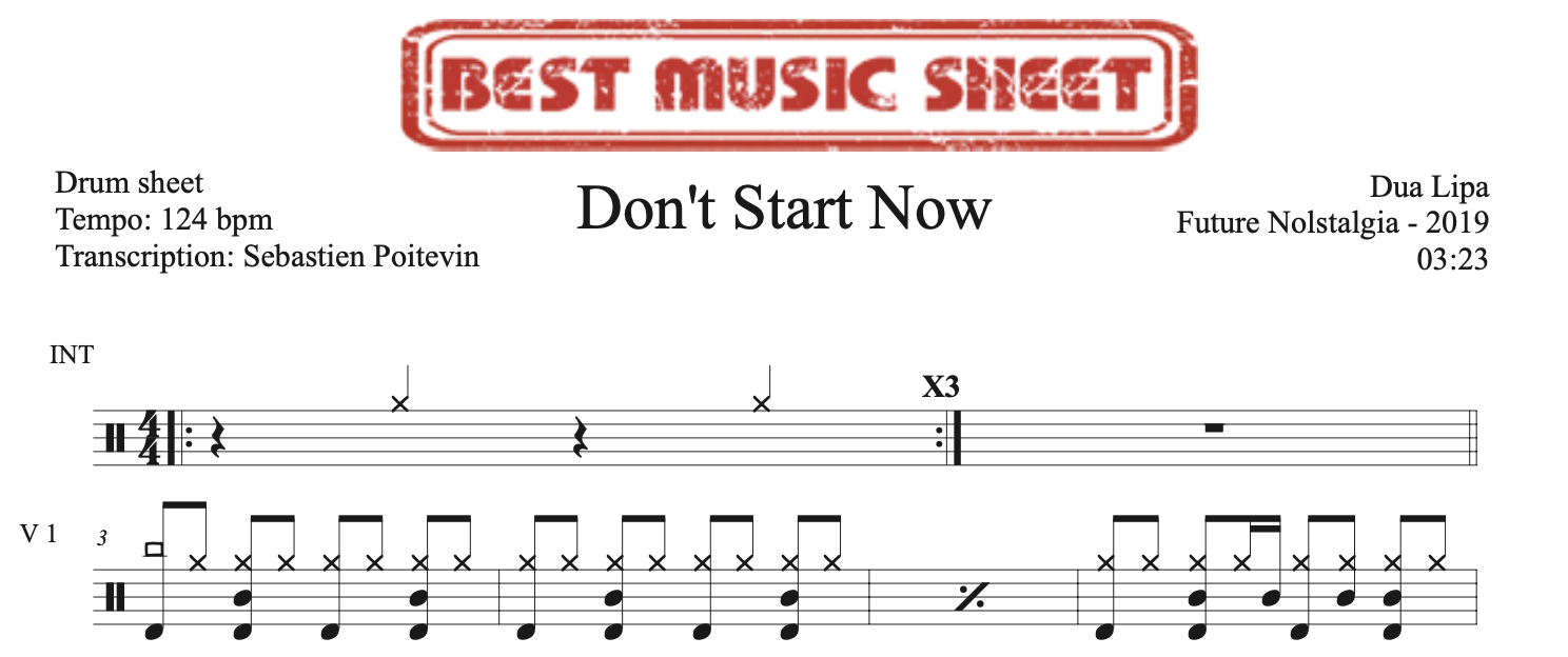 Sample drum sheet Don't Start Now by Dua Lipa