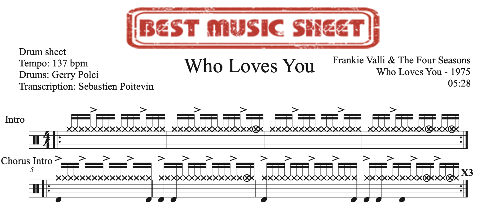 Sample drum sheet of Who Loves You by Frankie Valli & The Four Seasons