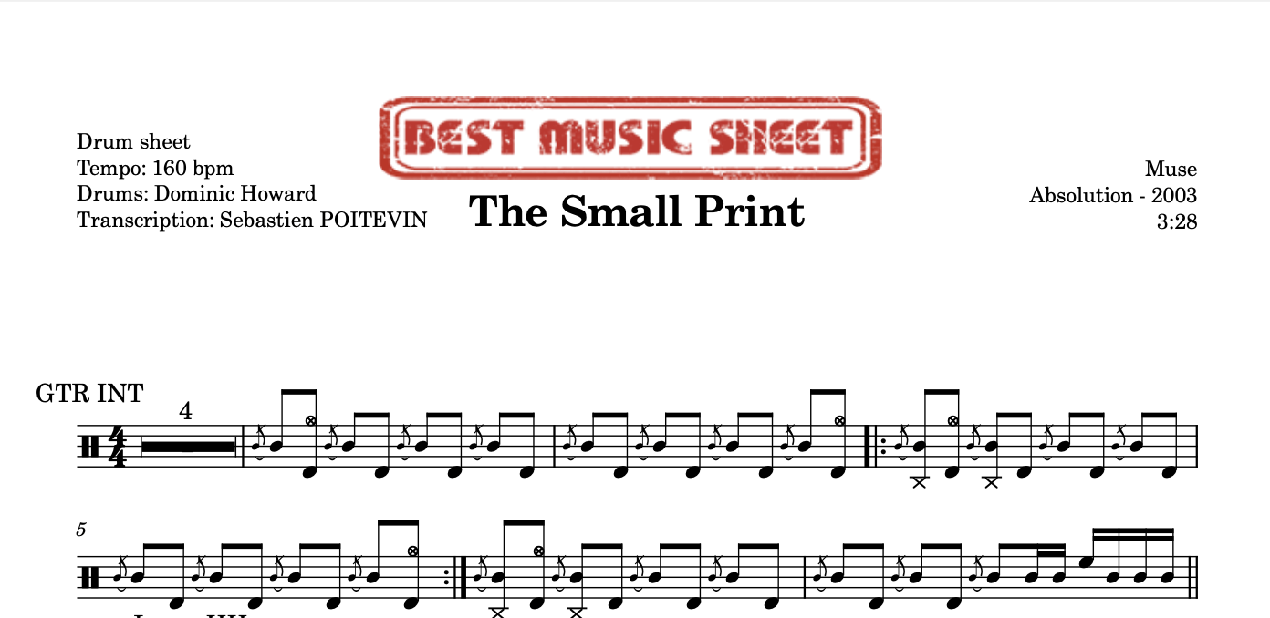 Sample drum sheet of The Small Print by Muse