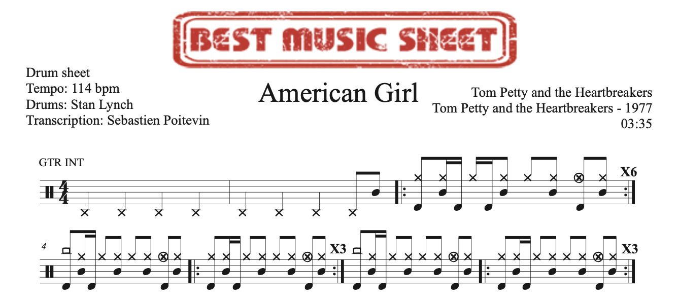 Extrait partition de batterie American Girl de Tom Petty and the Heartbreakers