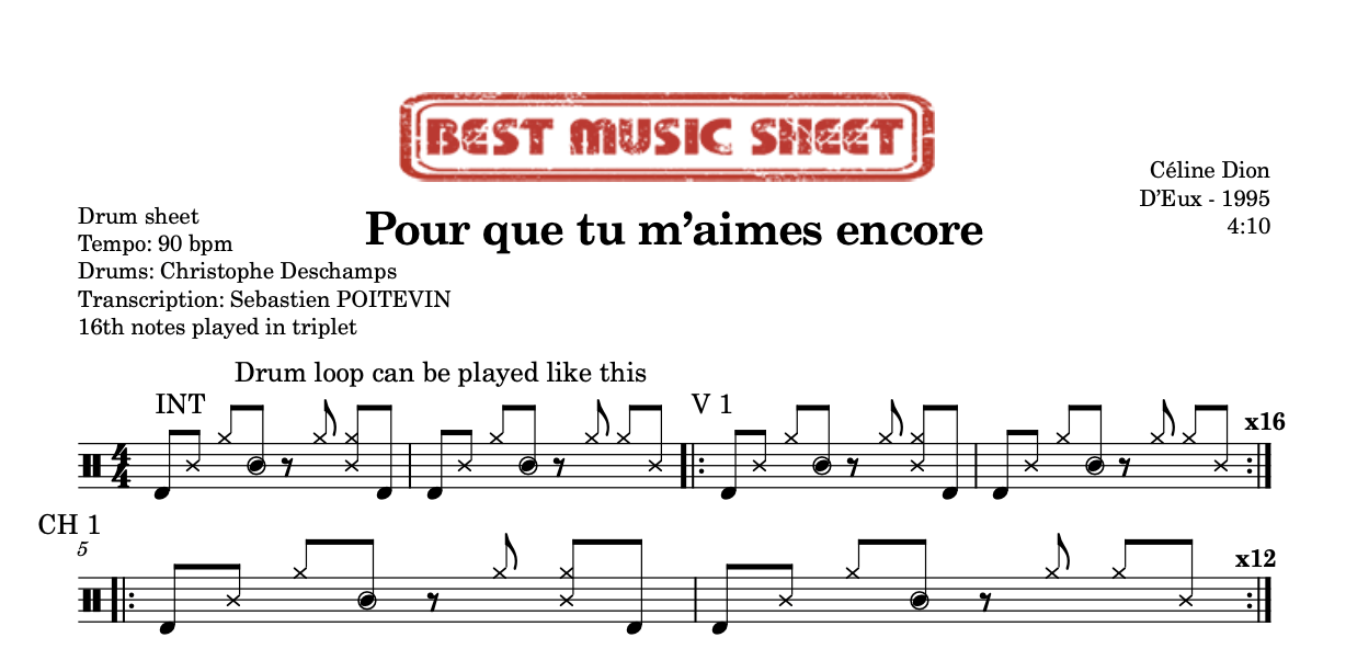 Sample drum sheet of Ensemble by Coeur de Pirate