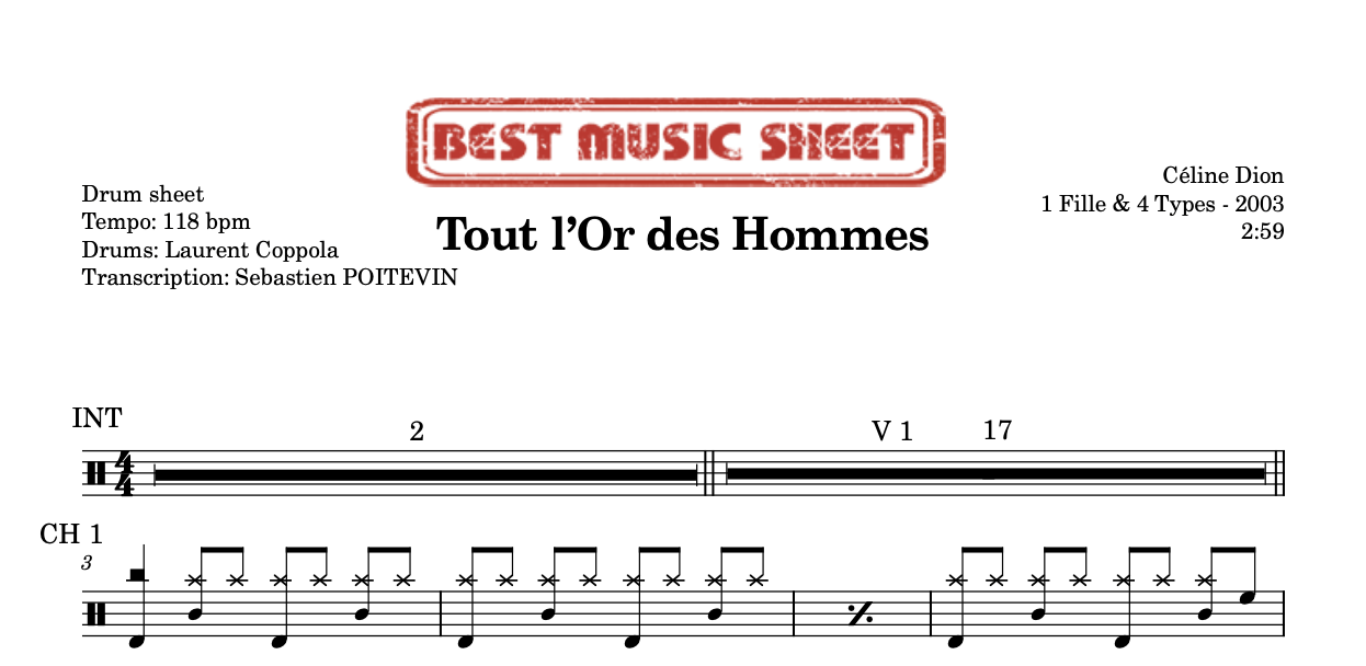 Extrait partition de batterie Tout l'Or des Hommes de Celine Dion
