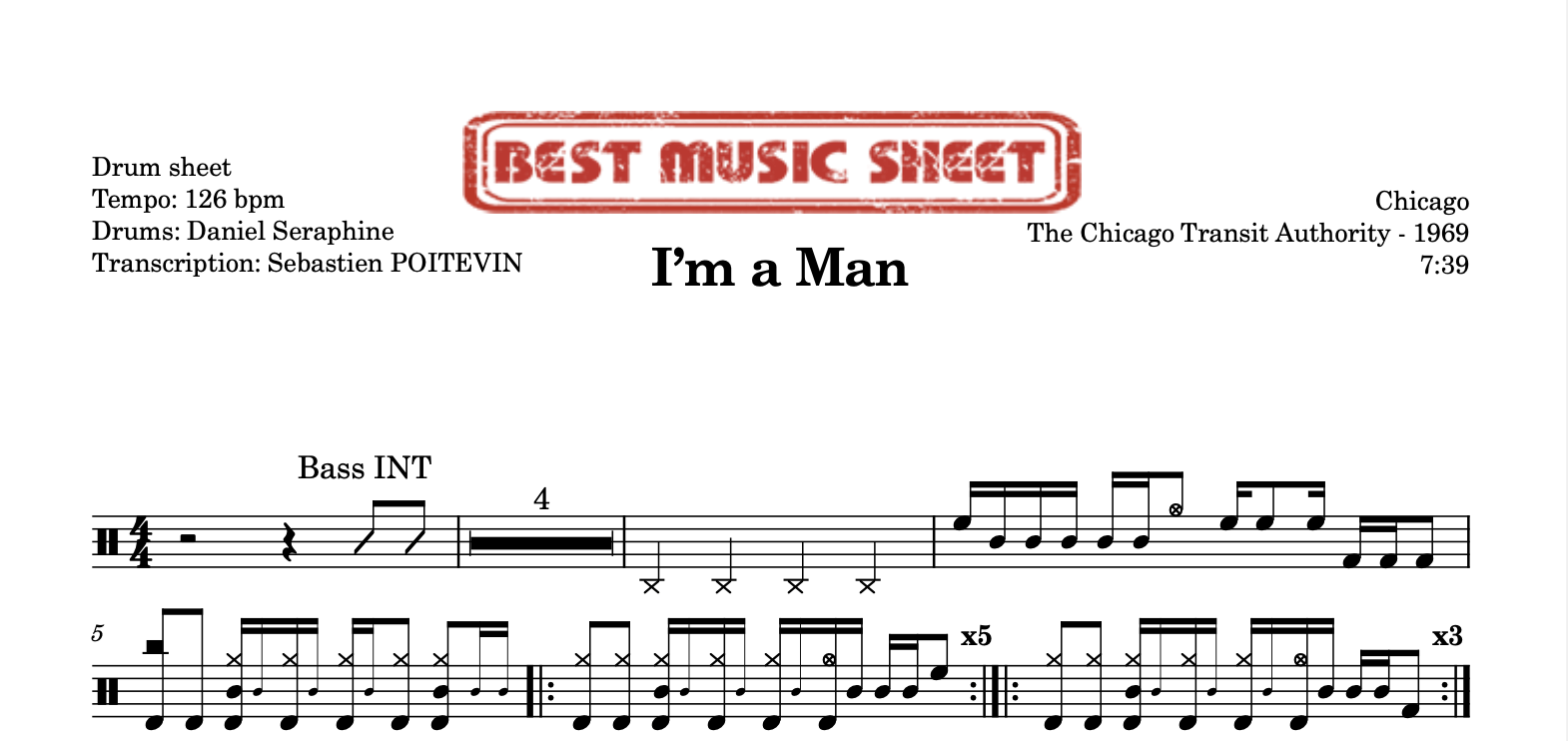 Sample drum sheet of I'm a Man by Chicago
