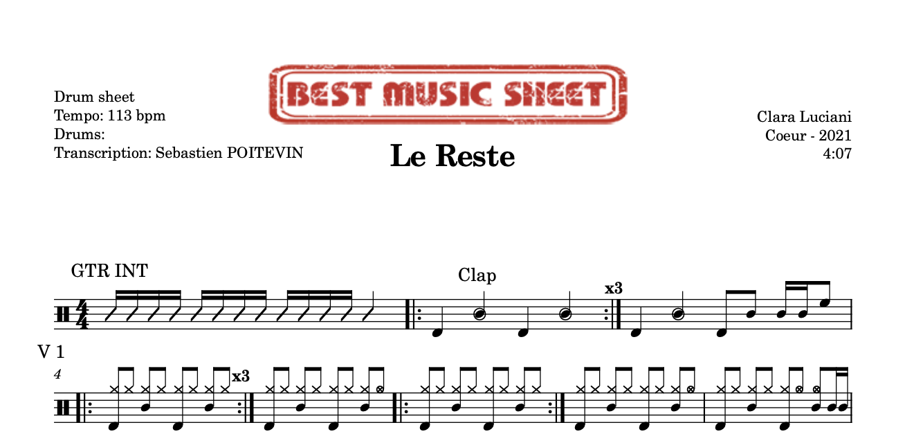 Sample drum sheet of Le Reste by Clara Luciani