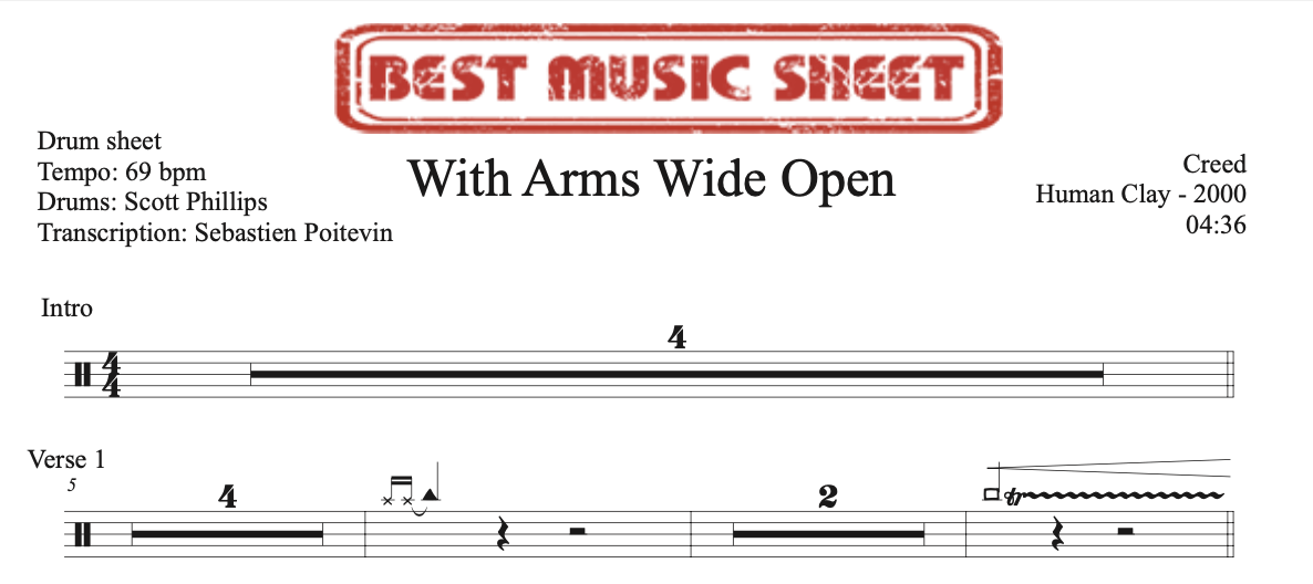 Sample drum sheet of With Arms Wide Open by Creed