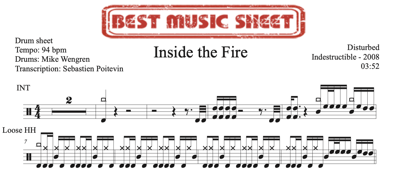 Sample drum sheet of Inside the Fire by Disturbed