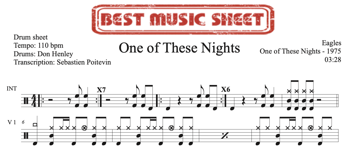 Sample drum sheet of One of These Nights by Eagles