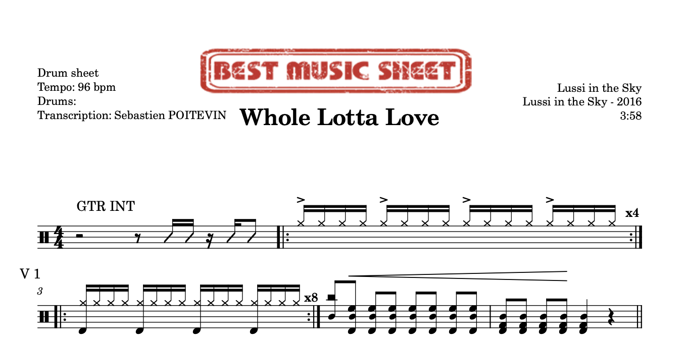 Extrait partition de batterie Whole Lotta Love de Lussi in the Sky