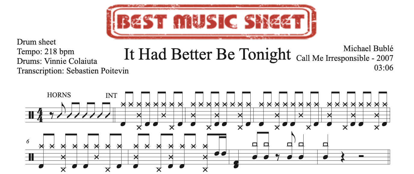 Sample drum sheet of It Had Better Be Tonight by Michael Buble