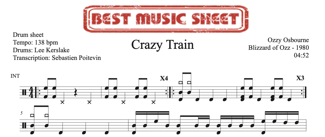 Extrait partition de batterie Crazy Train de Ozzy Osbourne