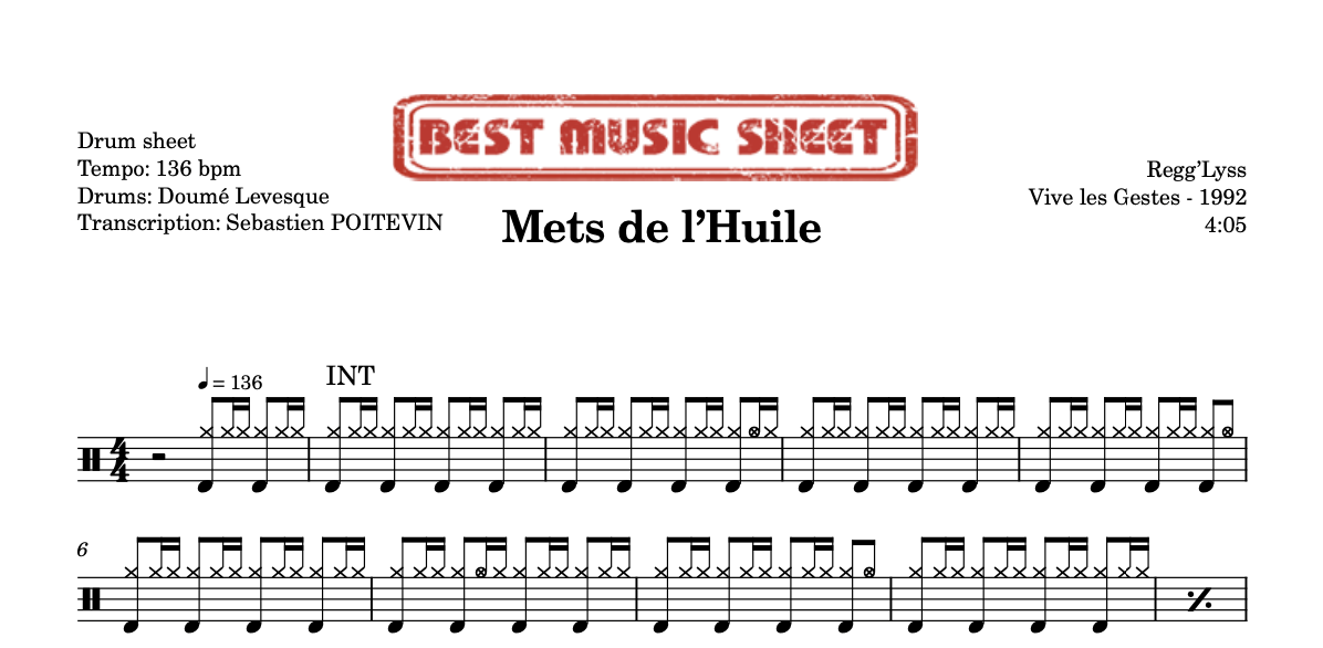 Extrait partition de batterie Mets de l'Huile de Regg'Lyss