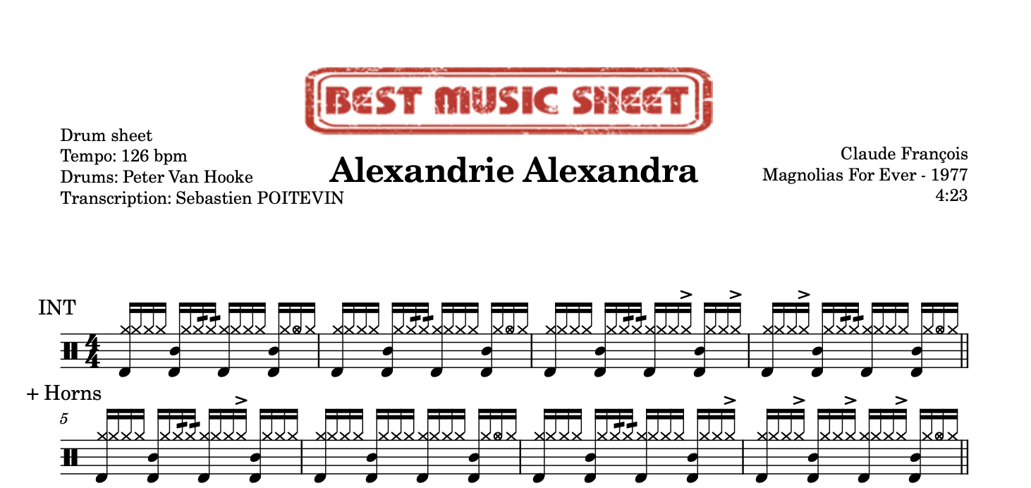 Sample drum sheet of Alexandrie Alexandra by Claude Francois