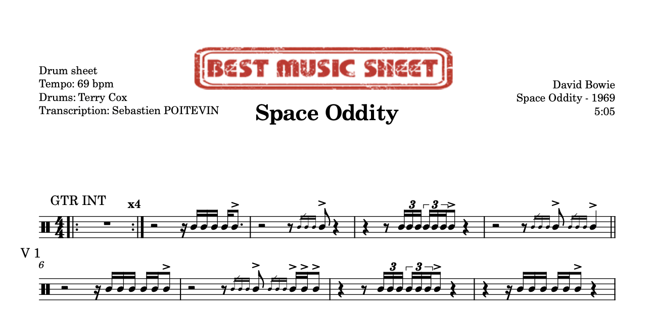 Sample drum sheet of Space Oddity by David Bowie