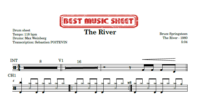 Extrait partition de batterie The River de Bruce Springsteen