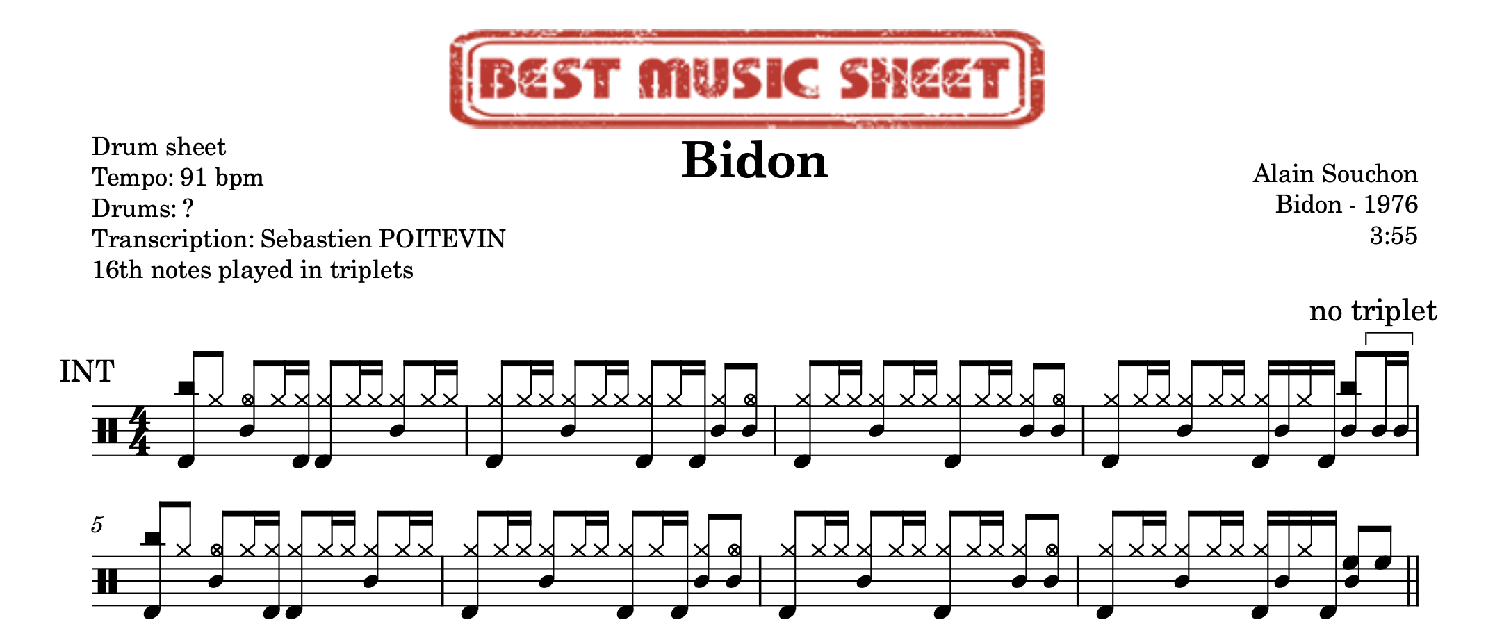 Sample drum sheet of Bidon by Alain Souchon