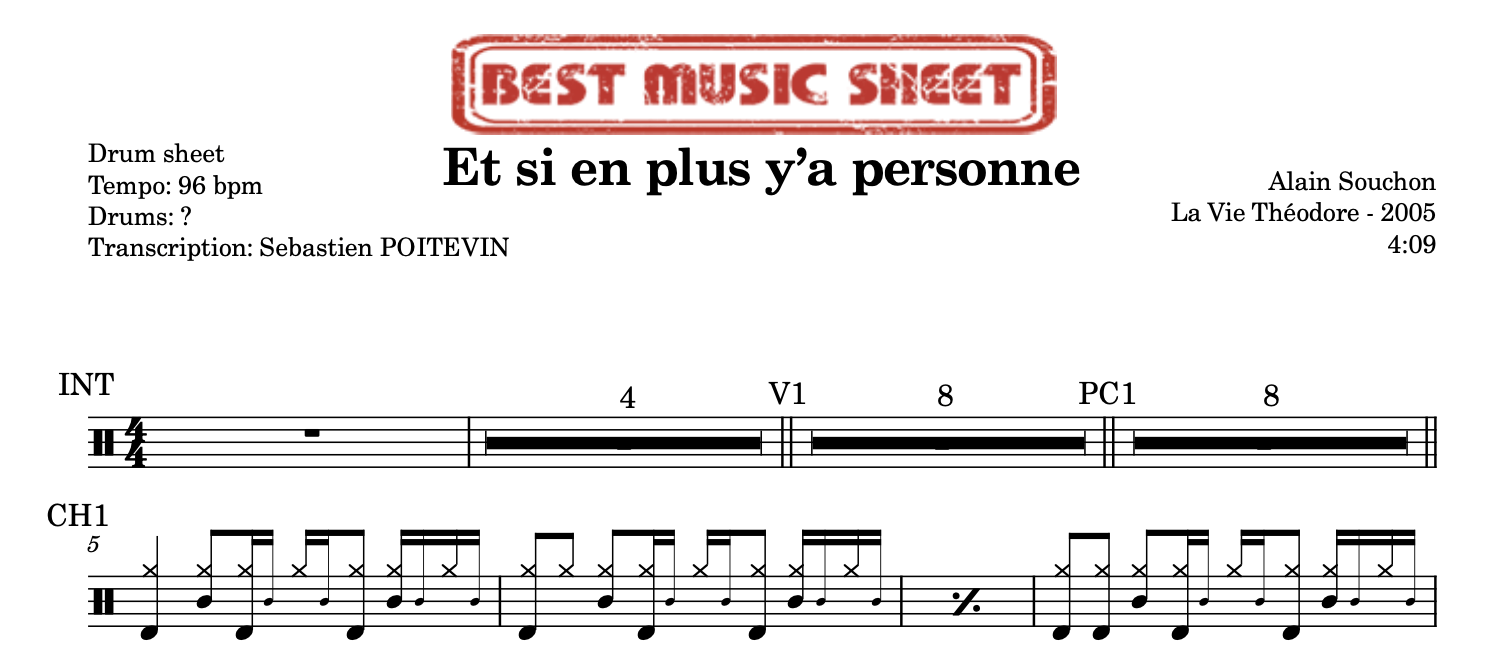 Extrait partition de batterie Et si en plus y'a personne de Alain Souchon
