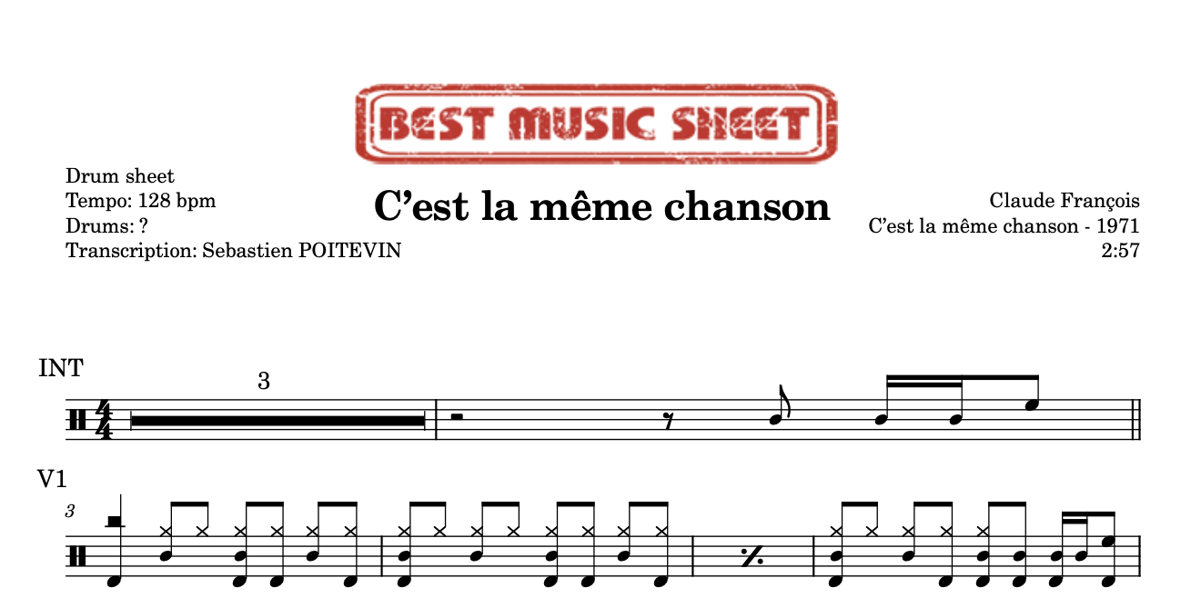 Extrait partition de batterie C’est la même chanson de Claude François