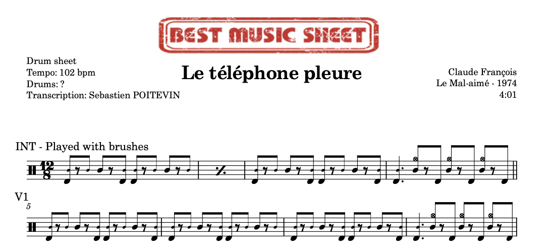 Sample drum sheet of Le Telephone Pleure by Claude Francois