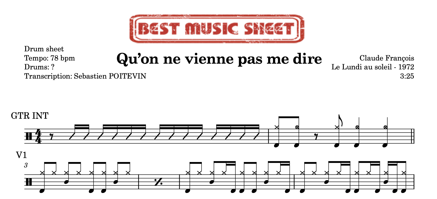 Sample drum sheet of Qu'on ne vienne pas me dire by Claude Francois