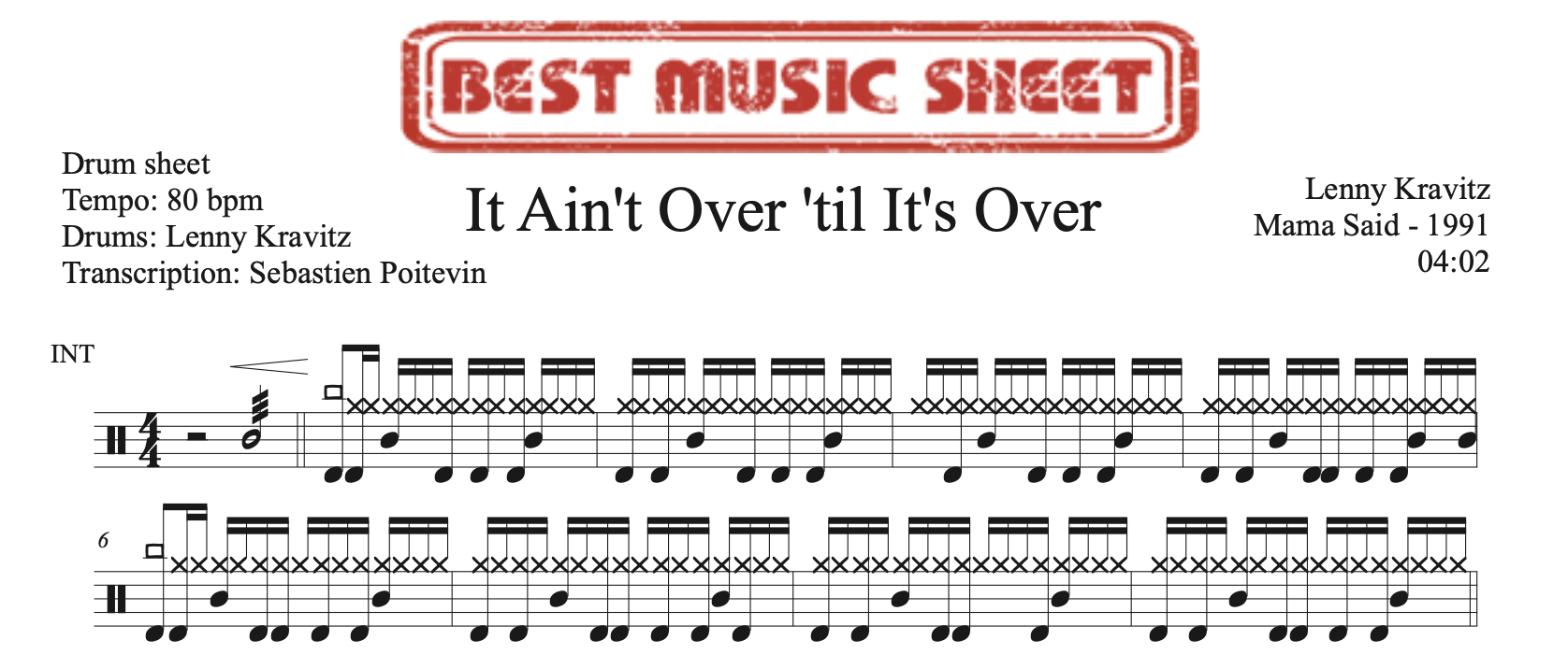Sample drum sheet of It Ain't Over 'til It's Over by Lenny Kravitz