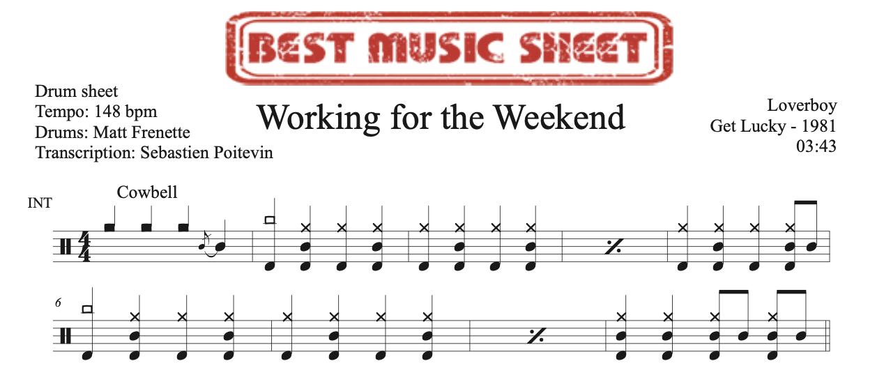 Sample drum sheet of Working for the Weekend by Loverboy