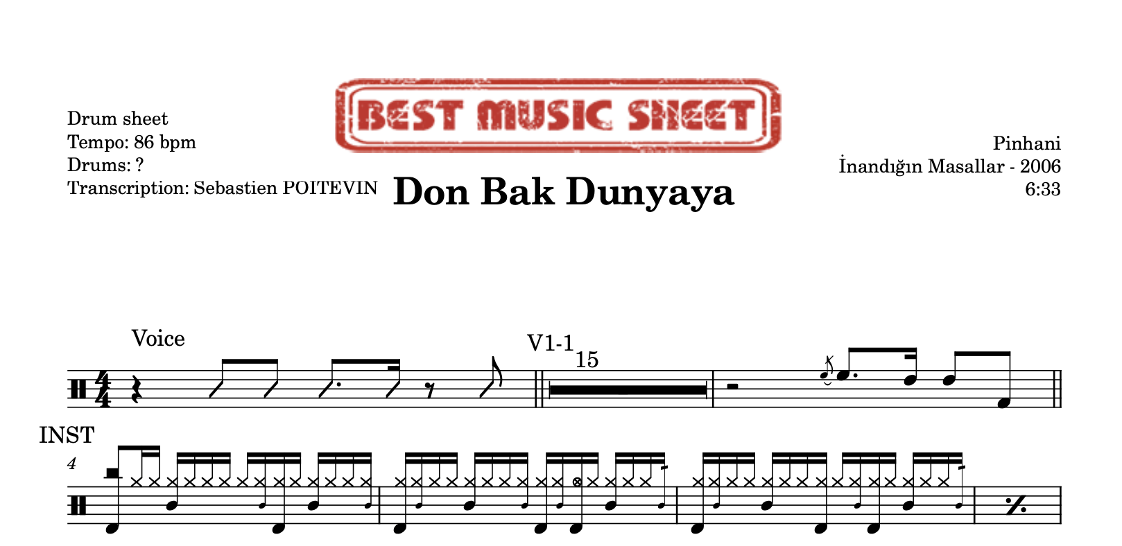 Sample drum sheet of Don Bak Dunyaya by Pinhani