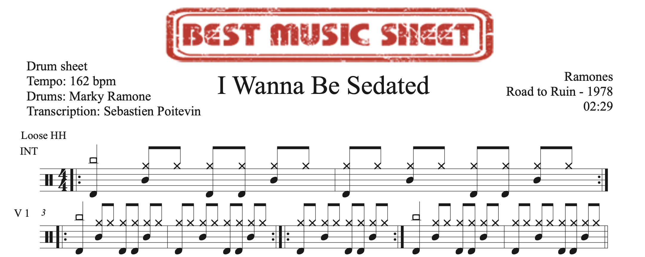 Sample drum sheet of I Wanna Be Sedated by Ramones