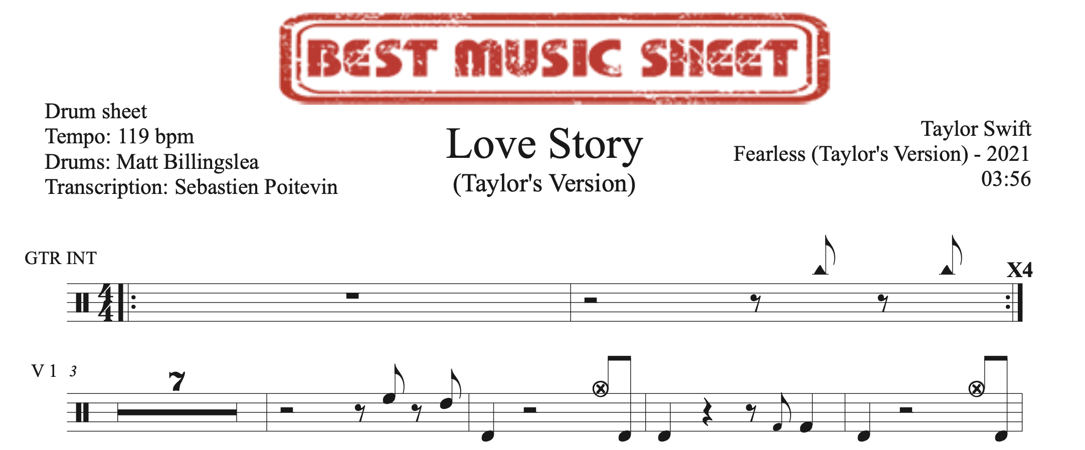 Extrait partition de batterie Love Story (Taylor's Version) de Taylor Swift